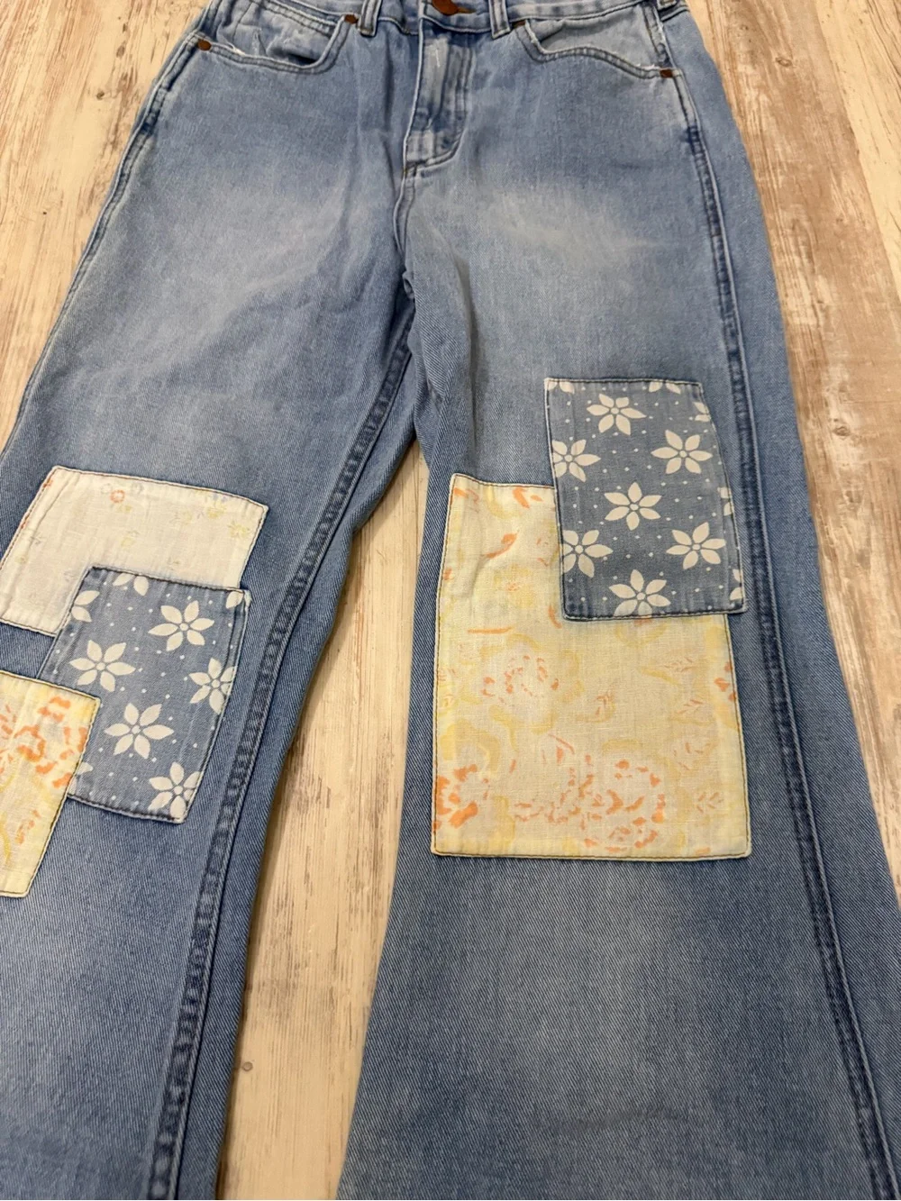 Billabong Wrangler Women's Blue Denim Patchwork Flared Jeans Pockets 27 - Picture 3 of 12